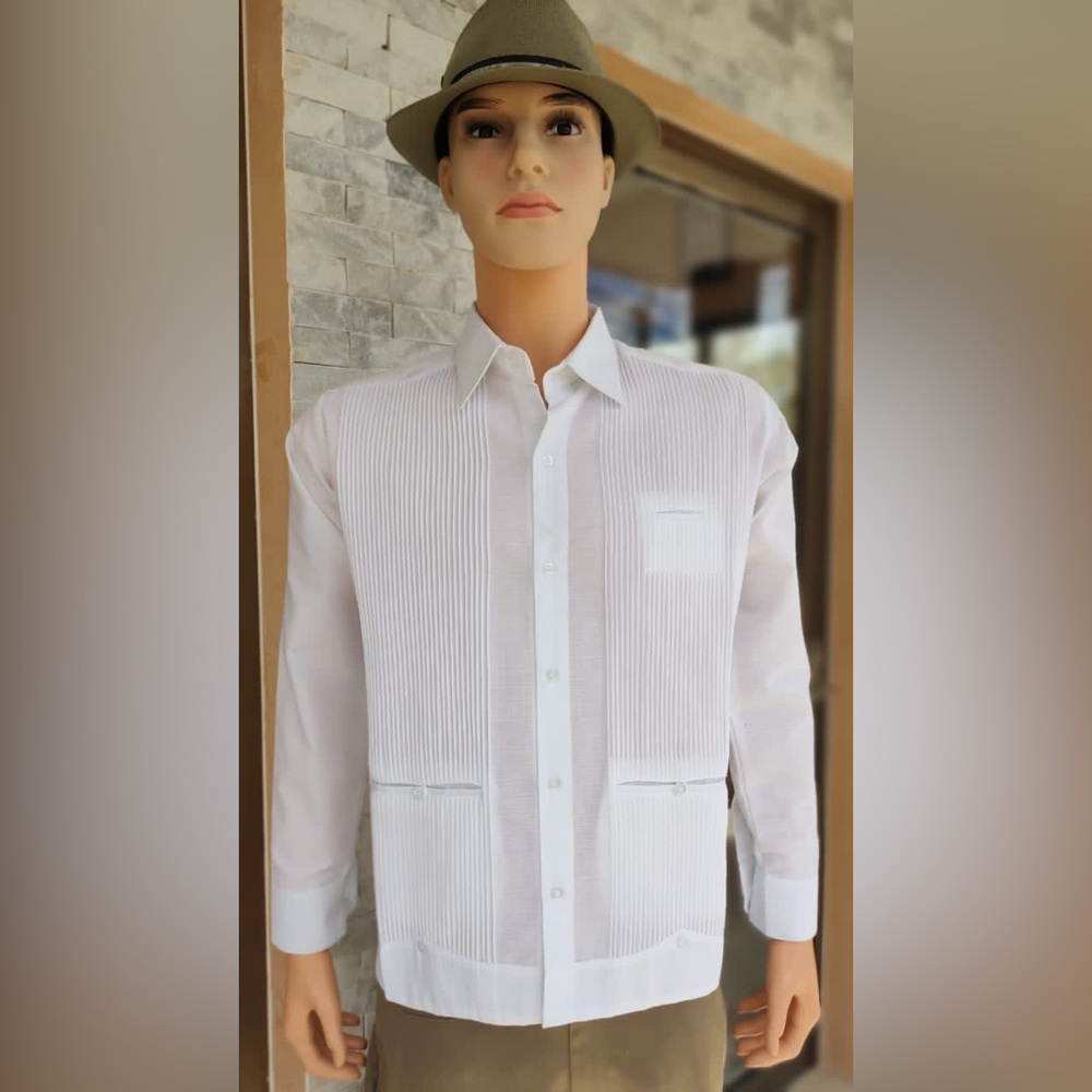 Men’s Linen White Guayabera with White Embroidery Long Sleeve
